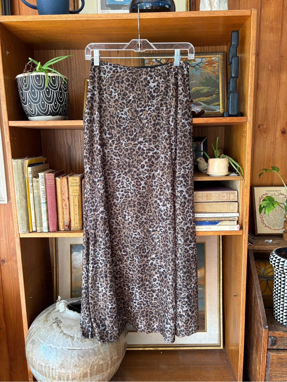 Y2K Grunge Low Rise Leopard Print Maxi Slip Skirt Brown Neutral Animal Print M
